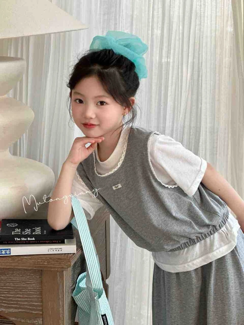 儿童套装三件套时尚宽松韩版女童2025夏季新款叠穿时尚套装