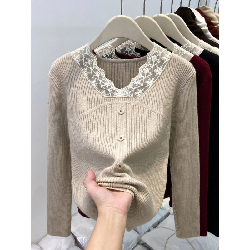 蕾丝拼接V领针织衫毛衣女秋冬新款设计感修身打底衫内搭上衣