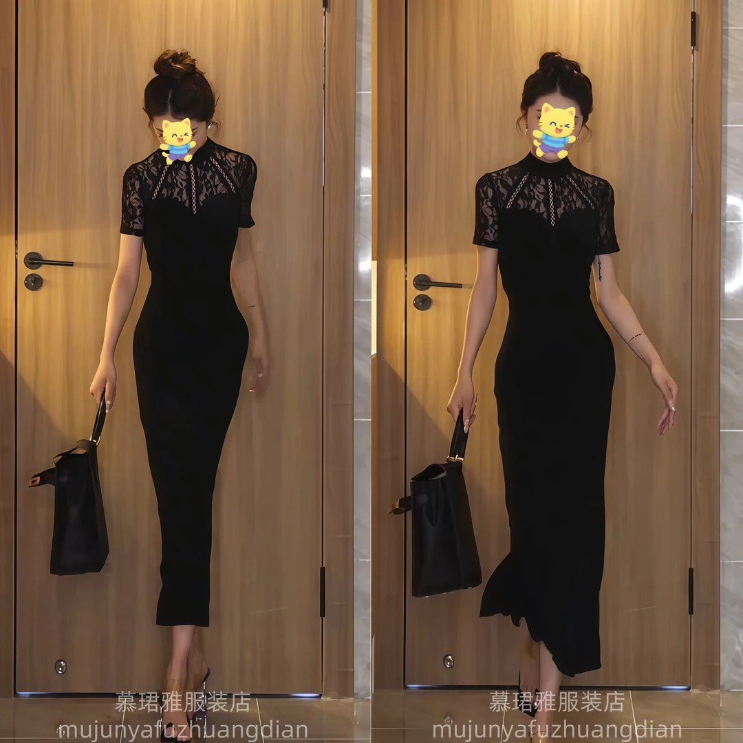 夏季新款拼接蕾丝显瘦气质中长款后开叉连衣裙