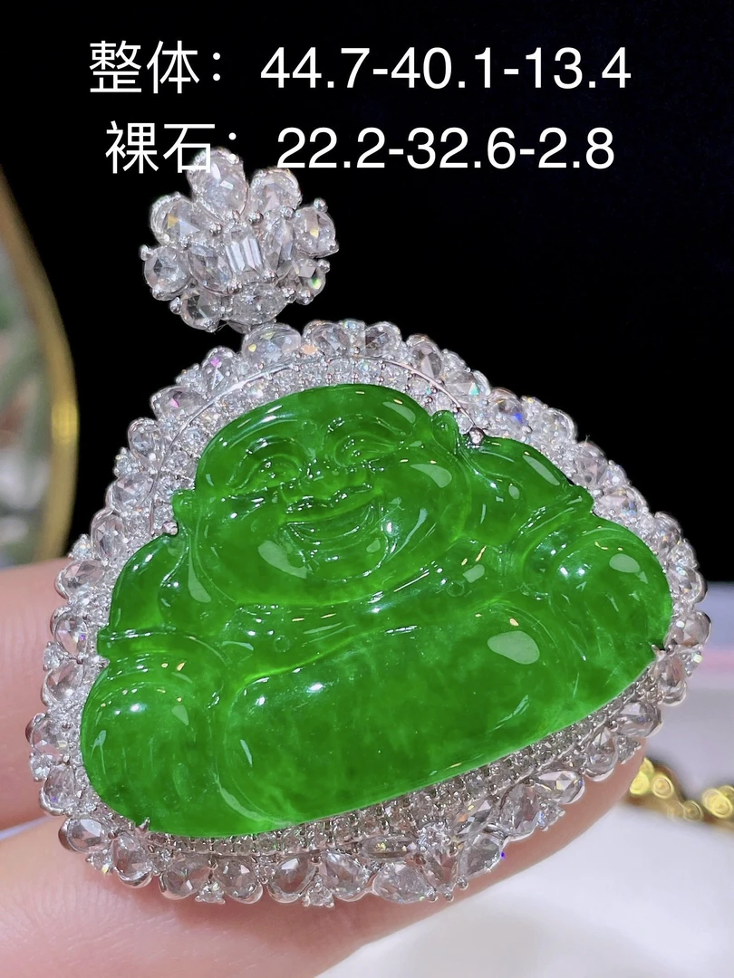 18k金镶嵌天然缅甸A货翡翠满绿大佛公吊坠冰润满色阳绿大气时尚