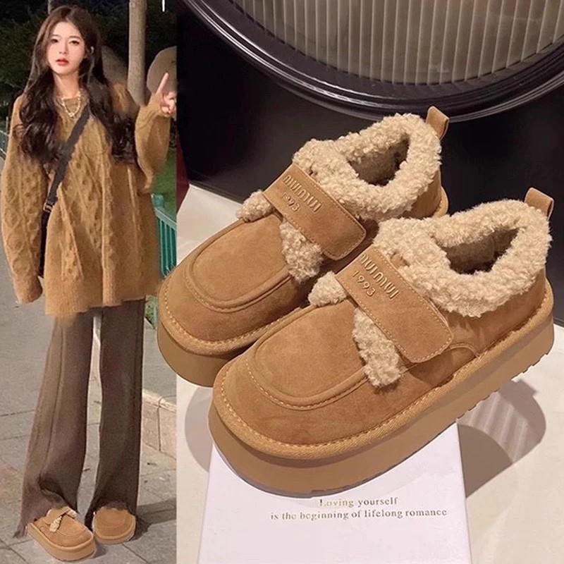 厚底雪地靴女2025新款冬季加绒加厚保暖勃肯毛毛鞋魔术贴面包棉鞋