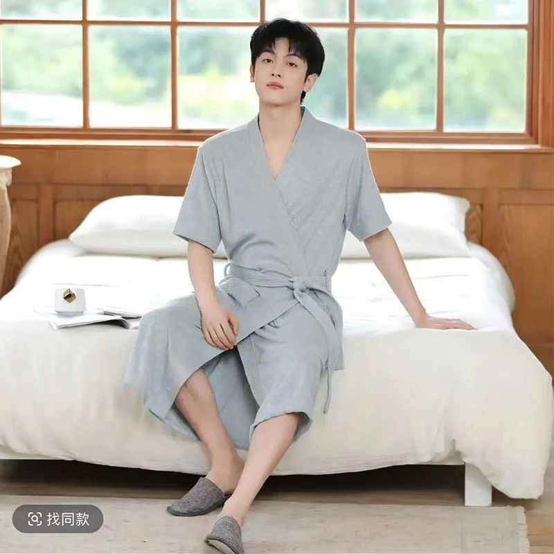 男士夏季短袖睡袍女士短袖薄款毛巾料浴袍通用宽松家居服吸水浴衣