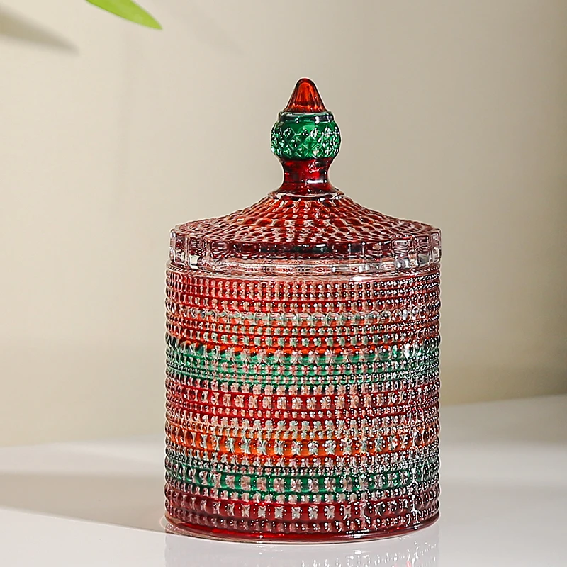 大号中式彩色玻璃储物罐糖果罐糖缸干果点心零食方糖罐炫彩玻璃罐