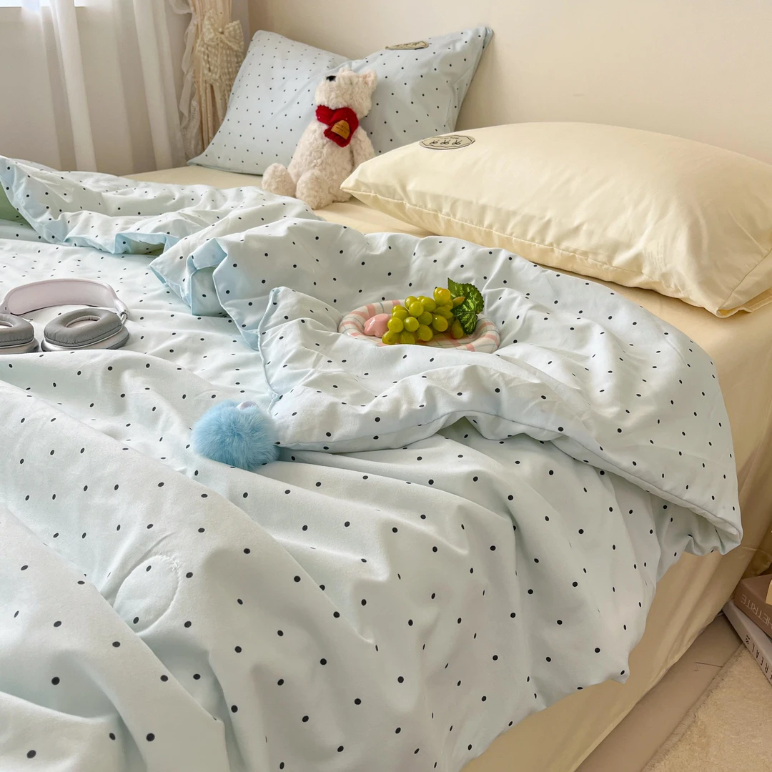猫咪日记ins水洗棉大豆纤维蝴蝶结单夏被毛球点缀夏被四件套床品