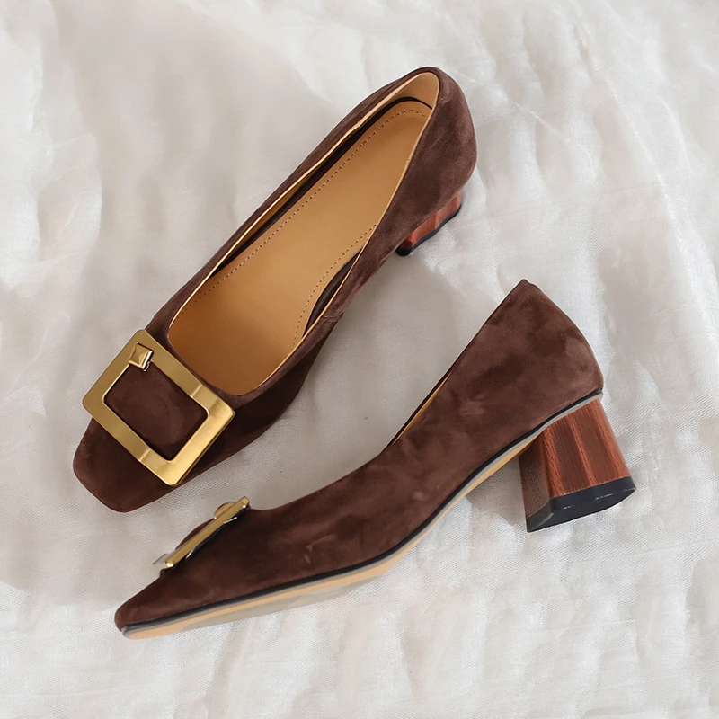 羊皮断码清仓法式复古方头浅口软底单鞋女春秋新款方扣高跟女鞋