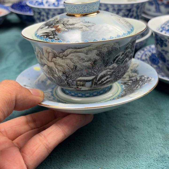 摆件雪景三才盖碗景德镇发货