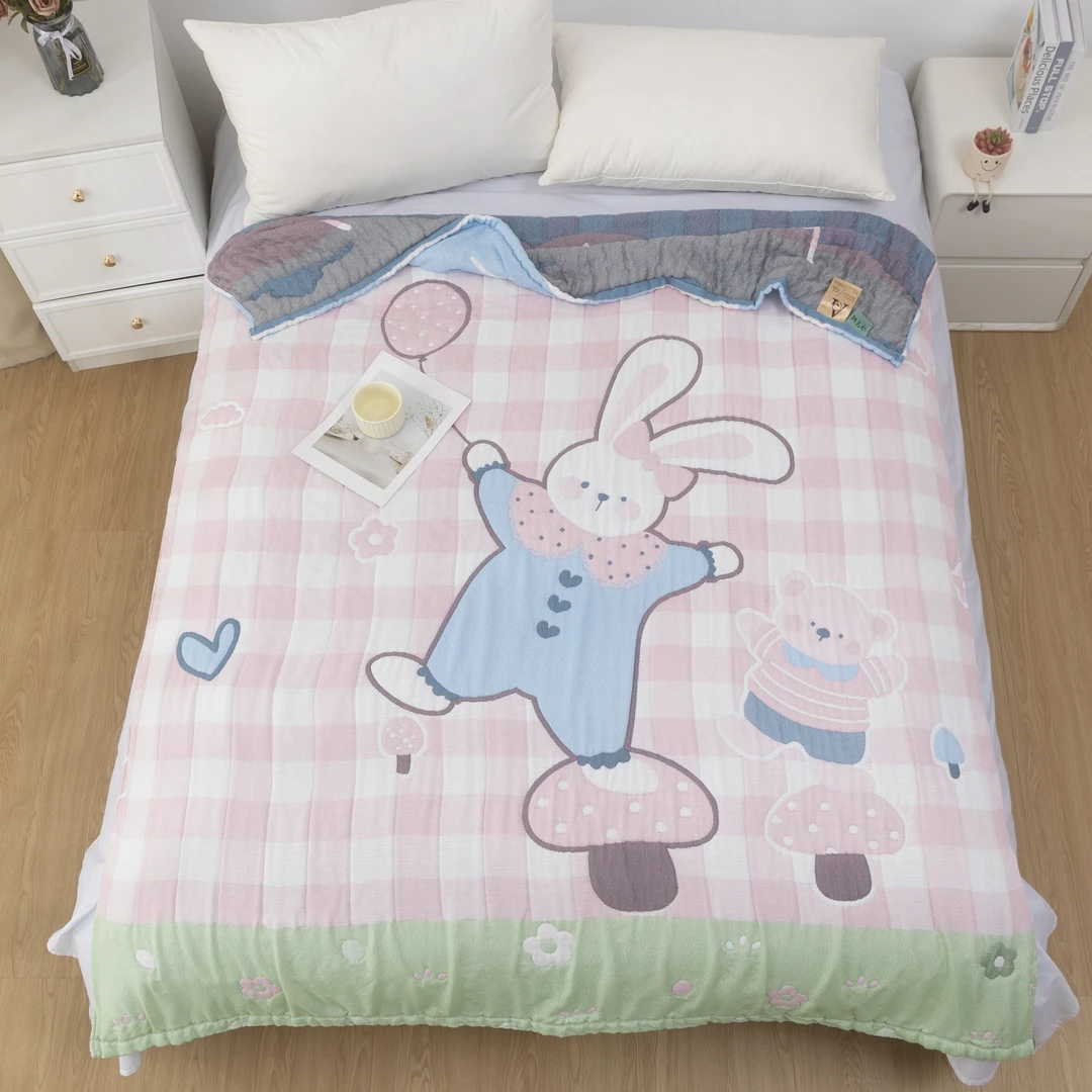 【蘑菇小兔】150*200超柔细纱棉泡芙被亲肤棉纱四季通用盖被