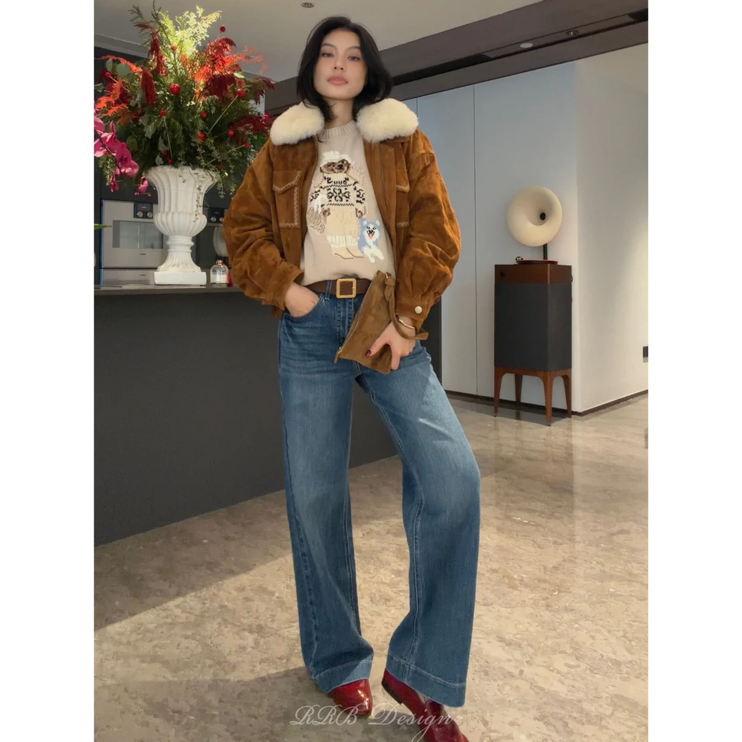 RRB Design可拆卸山羊绒毛领休闲复古工装羊反绒90白鹅绒夹克外套