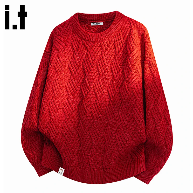 i.t:CHOCOOLATE红色圆领毛衣男士秋冬季圣诞节新款百搭打底针织衫