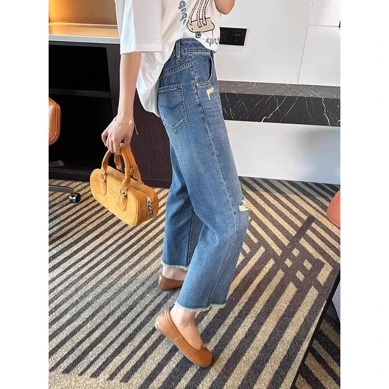 大码破洞直筒牛仔裤女毛边胖mm高腰显瘦窄版阔腿九分夏季薄款裤子