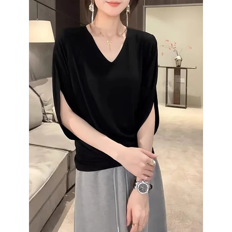 【运费补贴】高级感黑色v领正肩短袖t恤夏季宽松显瘦大码微胖mm上衣
