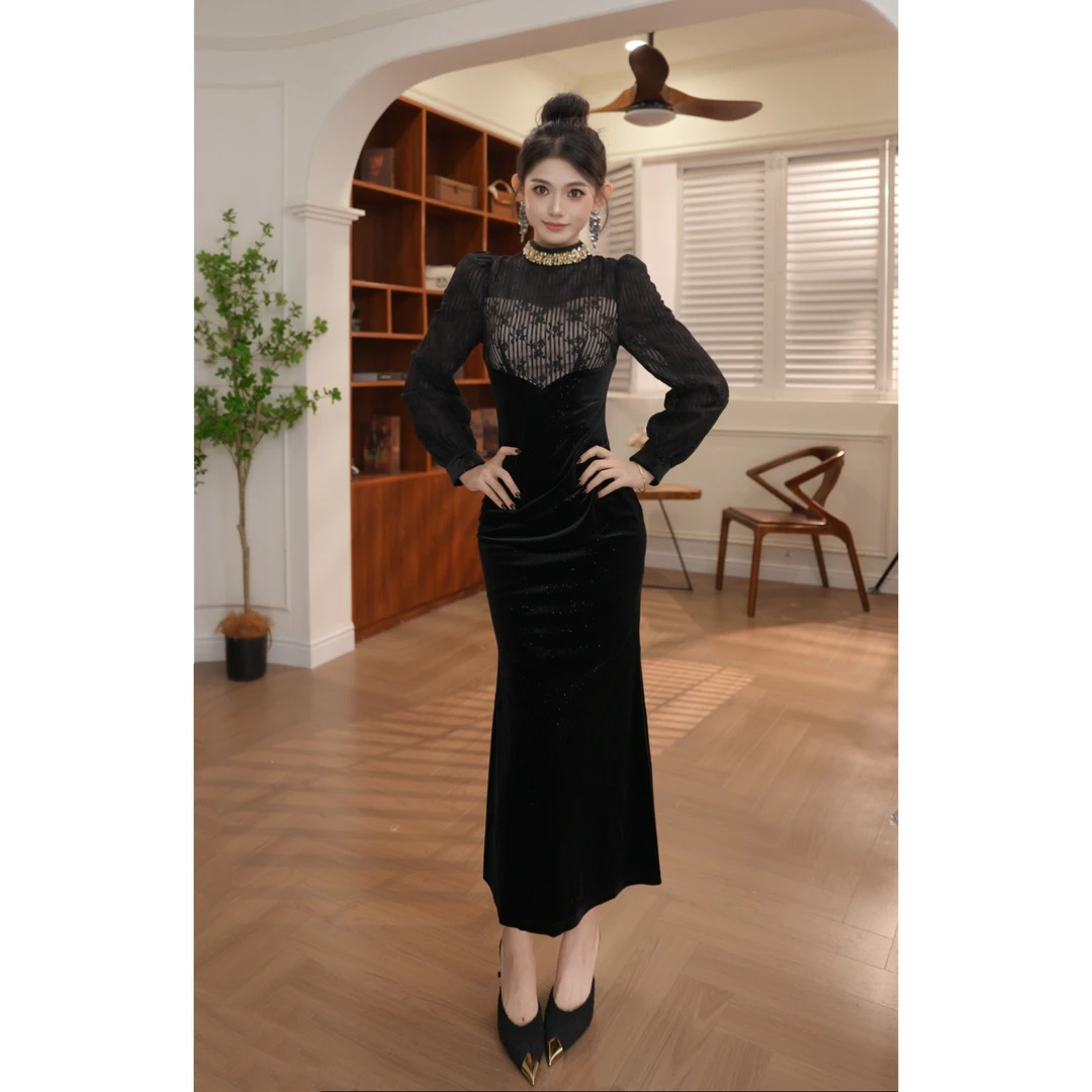 香见欢轻奢定制·法式时尚拼接修身显瘦优雅高级连衣裙21541