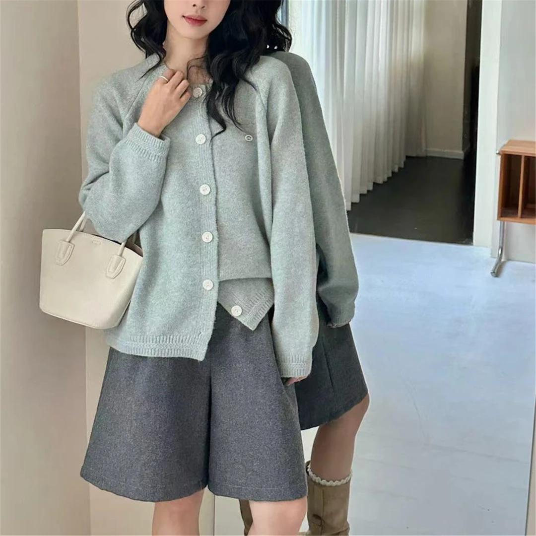 新款春秋款600纯色圆领针织开衫女宽松百搭慵懒风毛衣外套上衣