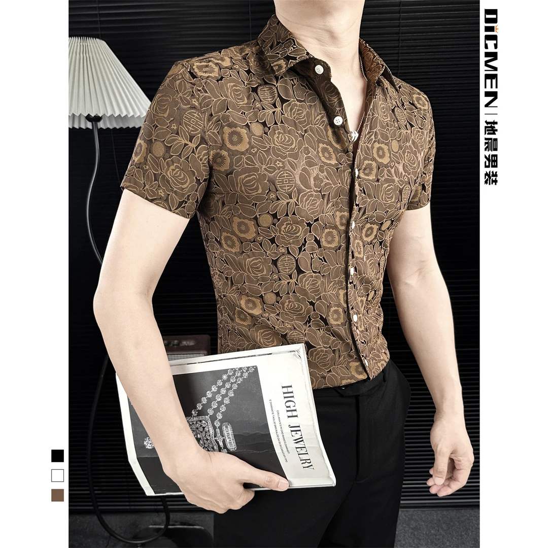 国风印花衬衫男短袖潮流夏季薄款清凉修身高级感痞帅休闲男士衬衣