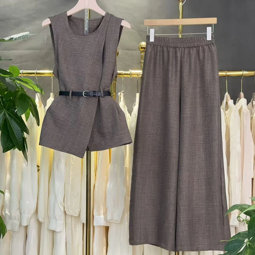 【三件套】时尚套装2025夏季新款休闲减龄上衣+阔腿裤+腰带套装M529