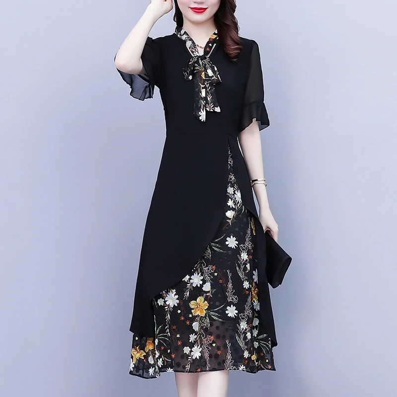 夏装2025新款法式赫本风不规则收腰显瘦蝴蝶结碎花连衣裙