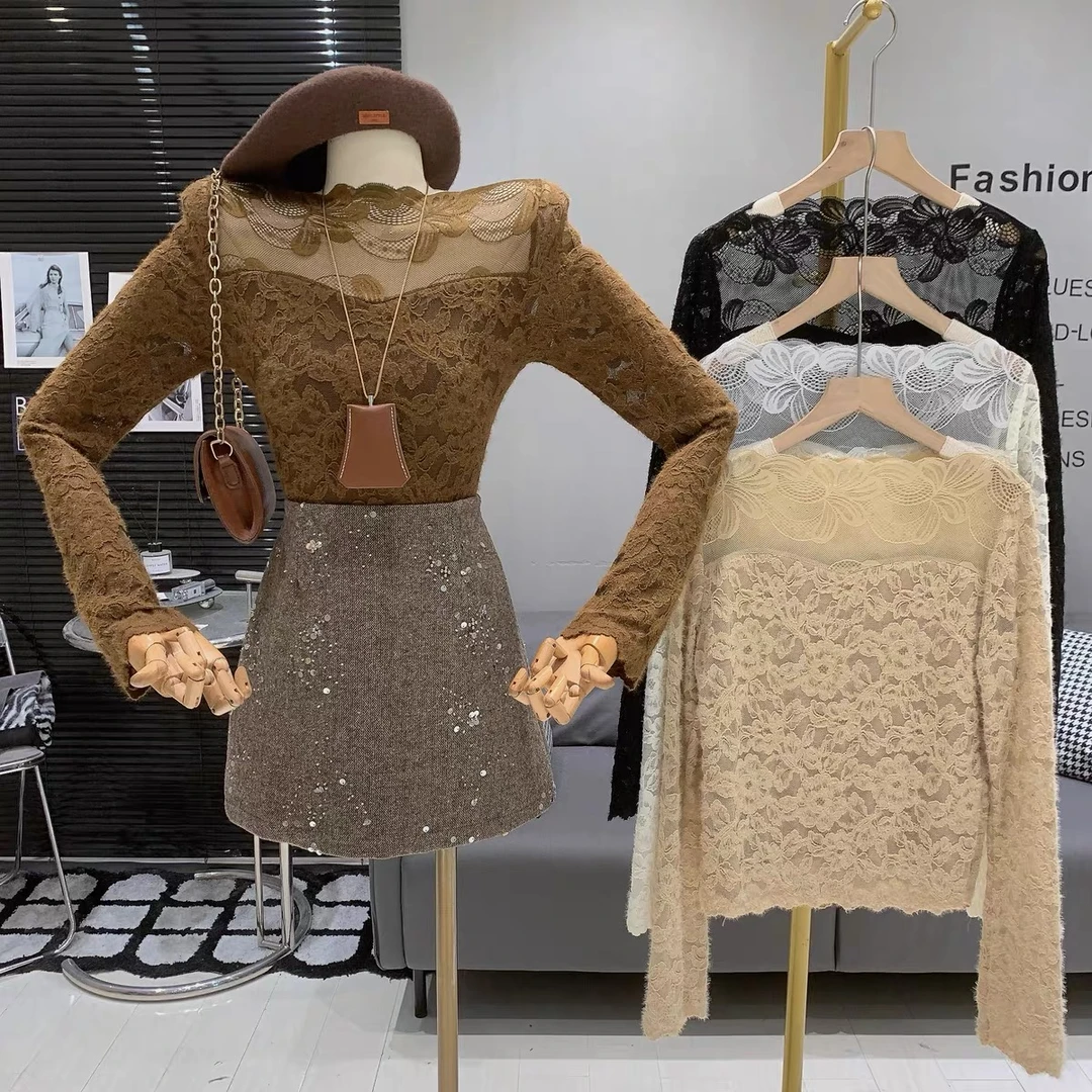 欧货小衫洋气修身打底衫长袖蕾丝显瘦镂空半高领