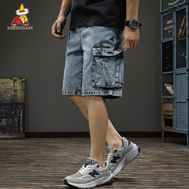 Mexican/稻草人夏季宽松直筒工装短裤男款潮牌休闲男士牛仔五分裤