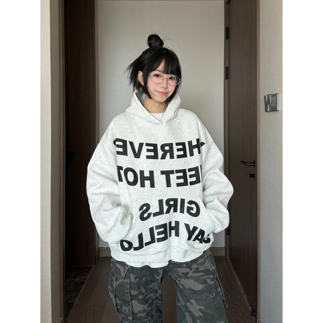 字母美式百搭春秋ins卫衣设计感小众印花长袖休闲春季连帽外套潮