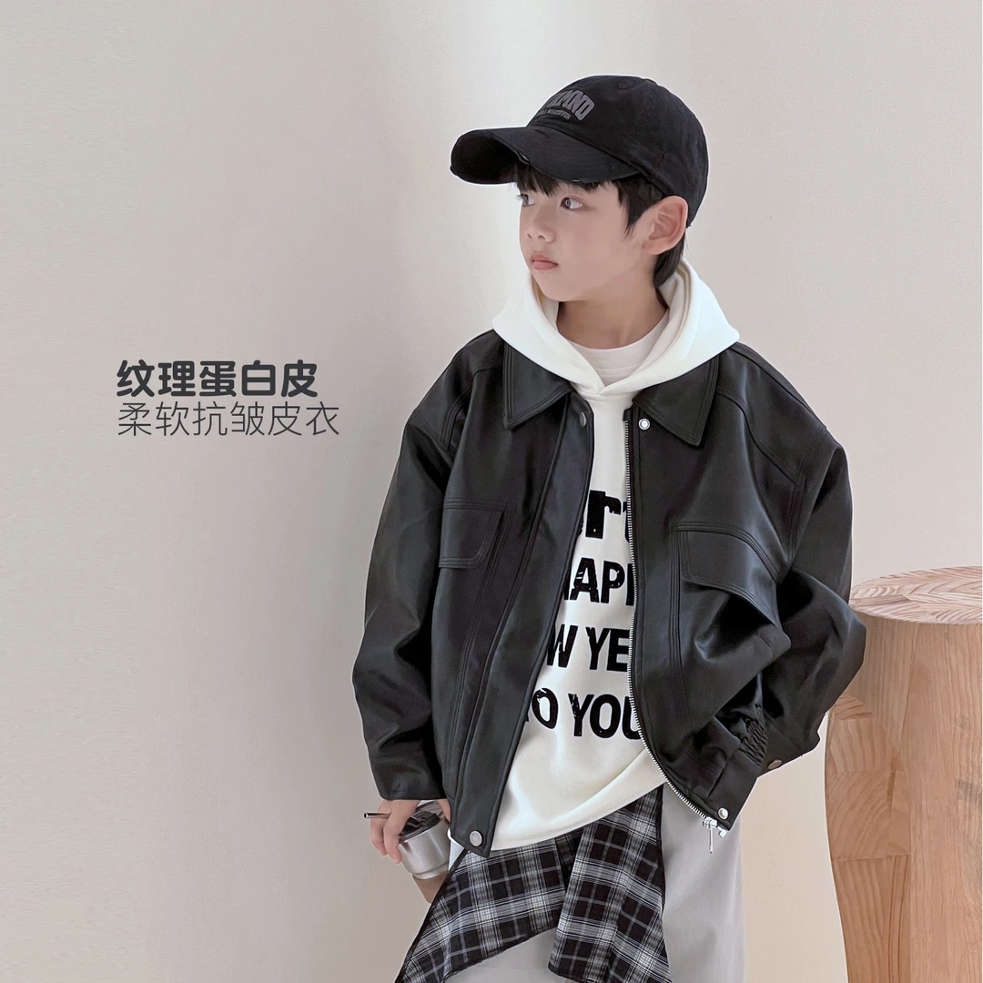 9.16号新品 男童皮衣儿童时髦连帽外套宽松夹克衫上衣5097724O8