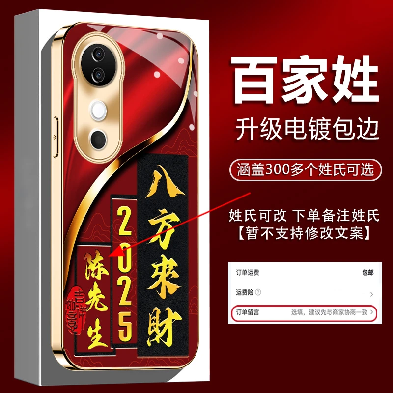 适用【VIVOS19】姓氏定制2025新年八方来财电镀全包防摔手机壳男