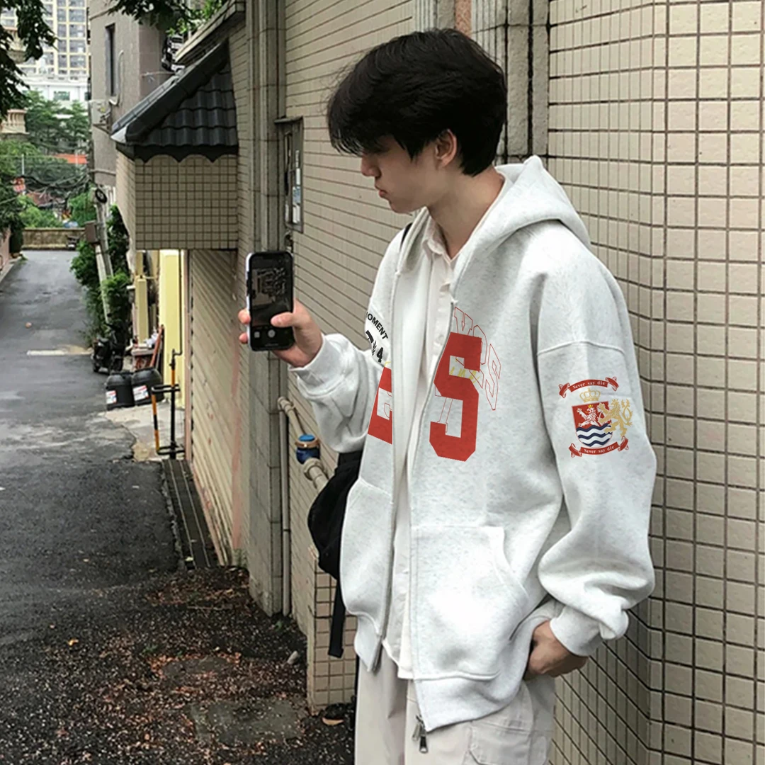 美式高级感连帽开衫卫衣男女秋冬季个性徽章数字印花百搭拉链外套