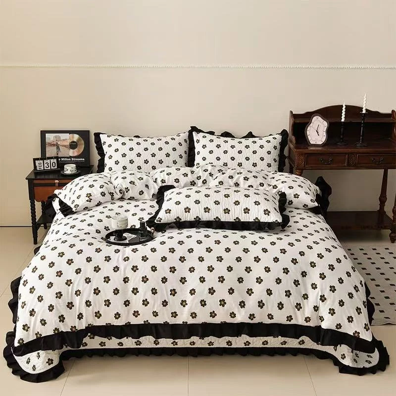 【春夏限定床盖四件套】法式赫本风水洗双层纱四季棉 防滑可机洗