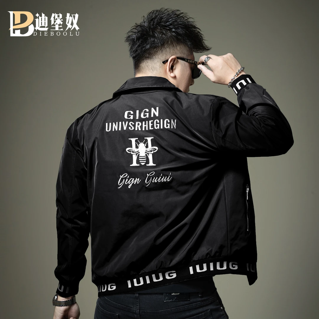 欧洲站轻奢潮流潮款翻领小蜜蜂刺绣夹克男黑色修身外套赛车服男装