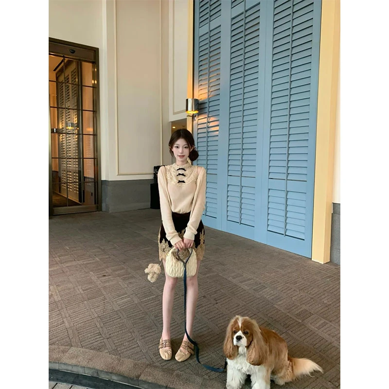 夏季新款长袖开衫内搭蝴蝶结无袖上衣女设计感蕾丝拼接半身裙套装