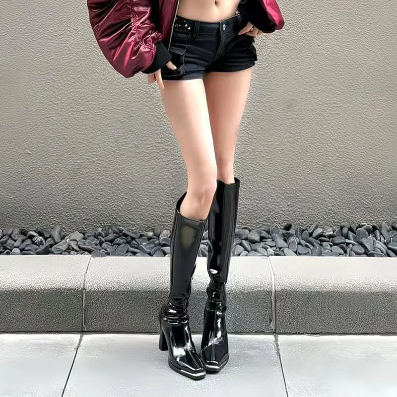 肯豆同款辣妹方头粗跟高跟靴漆皮高筒长靴小个子长筒靴女秋冬靴子