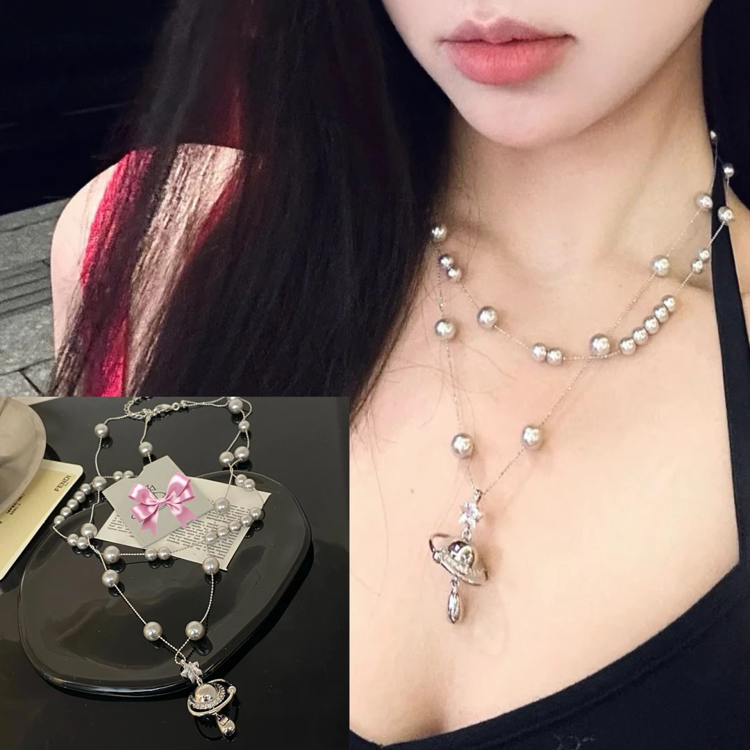 铜合金仿珍珠项链 满天星灰珠飞船双层锁骨链