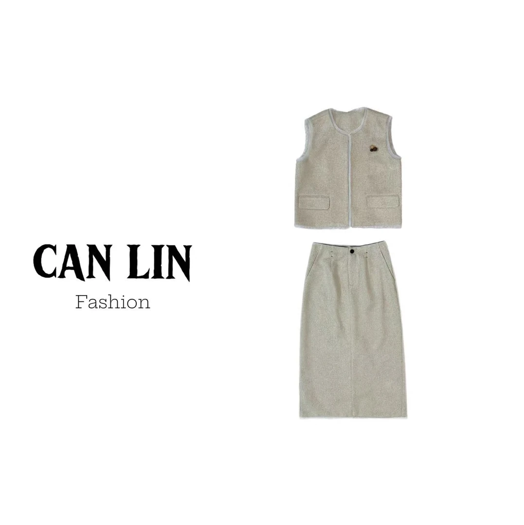 CAN LIN秋装新款马甲半裙套装复古气质款时尚套装女百搭显瘦