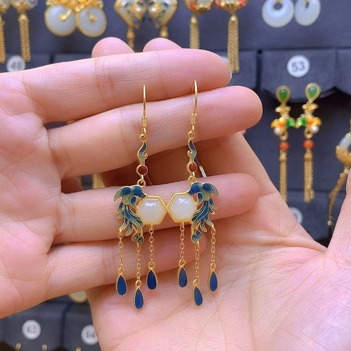 银S925镀金镶嵌和田玉耳饰