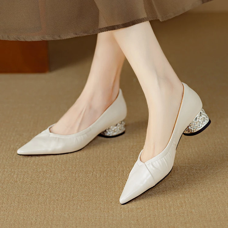 头层羊皮3.5cm～尖头低跟舒适百搭一脚蹬法式新款浅口单鞋新款粗跟