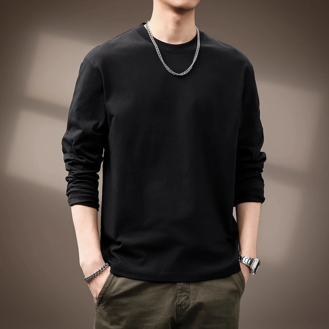 潮龛高端简约260g重磅打底长袖T恤男春秋基础纯棉圆领宽松卫衣男