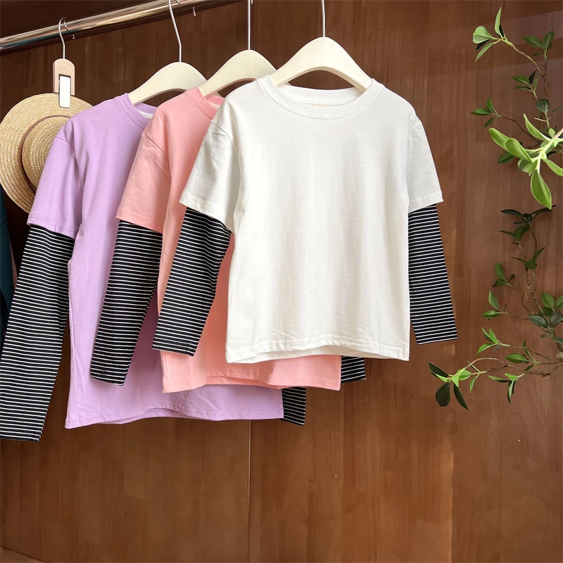 现货【假两件T】100棉春装6047女童洋气卡通百搭韩版休闲T恤长袖