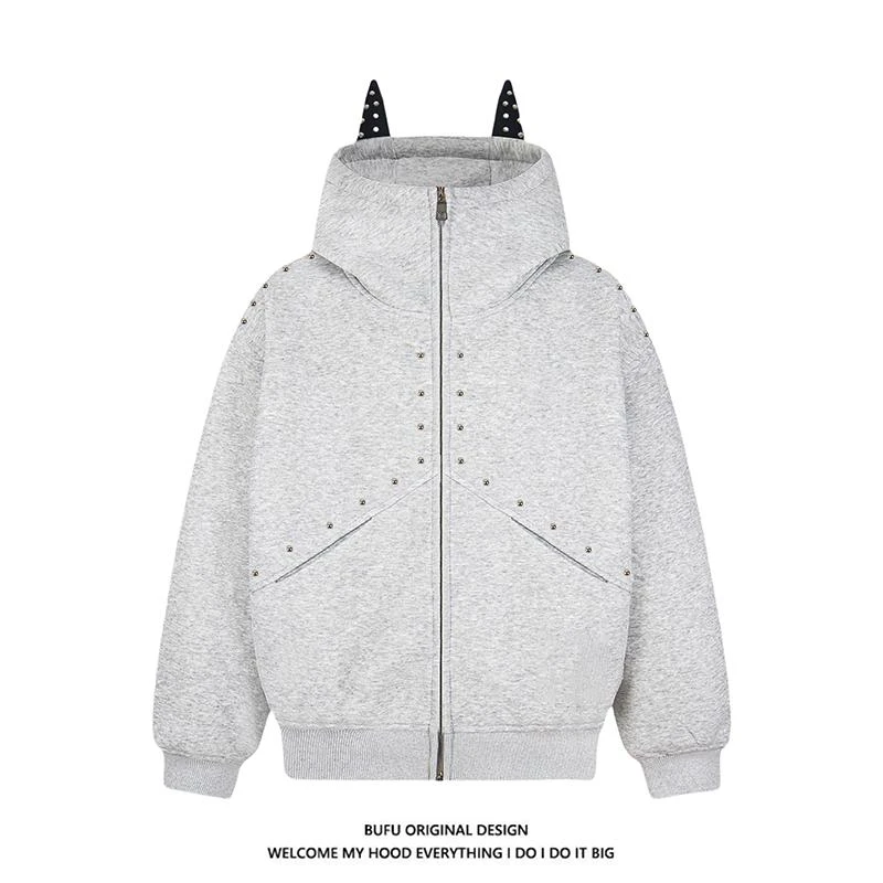 复古百搭时尚铆钉宽松连帽卫衣秋季特大码杜宾犬耳设计小众外套