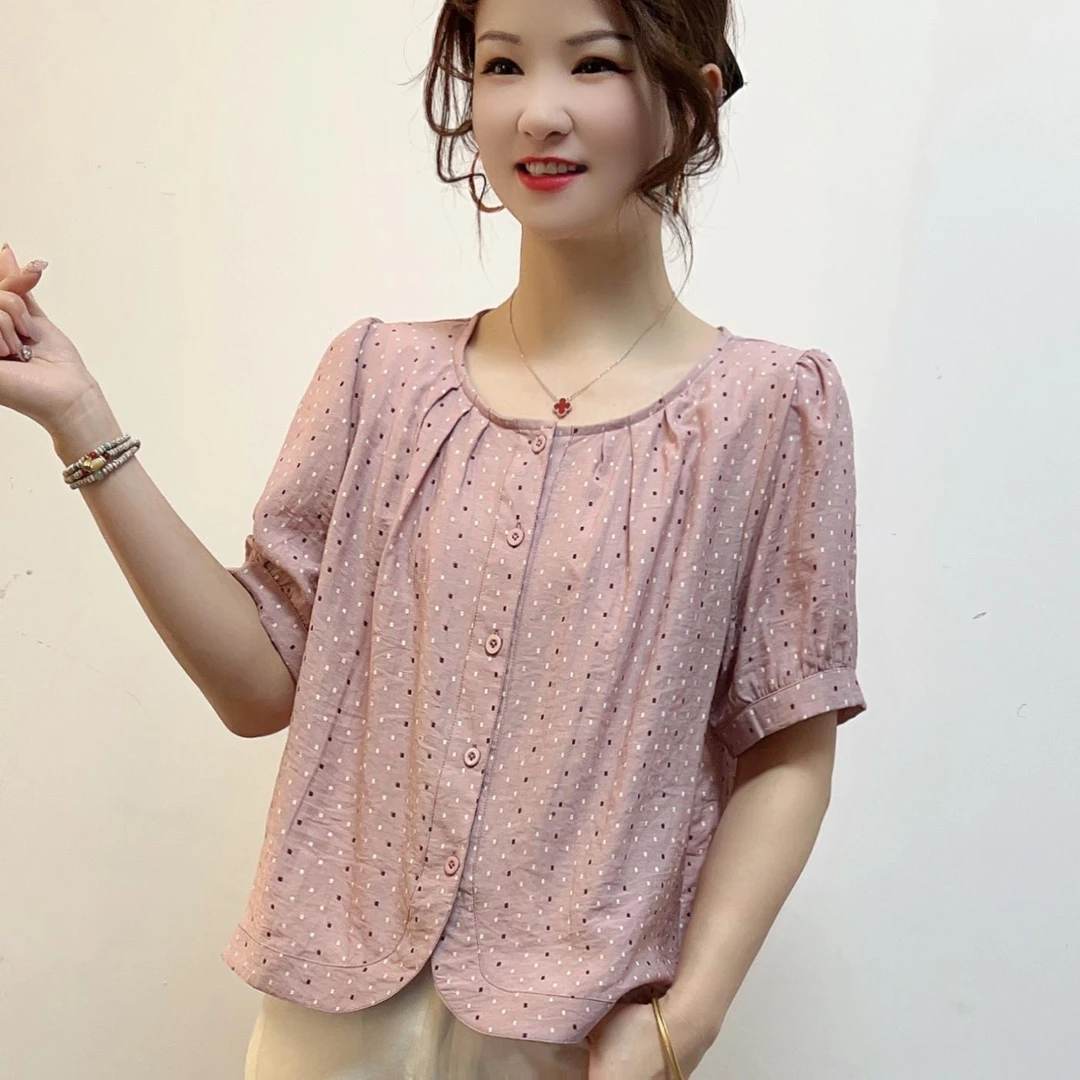时尚洋气天丝棉麻波点衬衫女2025夏季圆领短袖小衫小个子百搭上衣