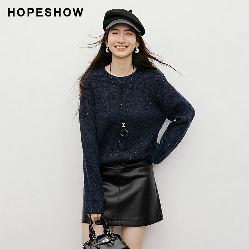 红袖2025冬新款女装 亮丝珠片落肩长袖圆领套头针织衫90125380109