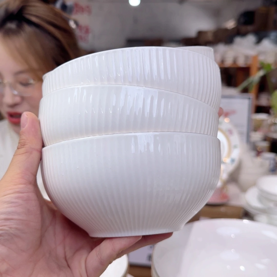 骨瓷6英寸饭碗15cm5只 竖纹金边