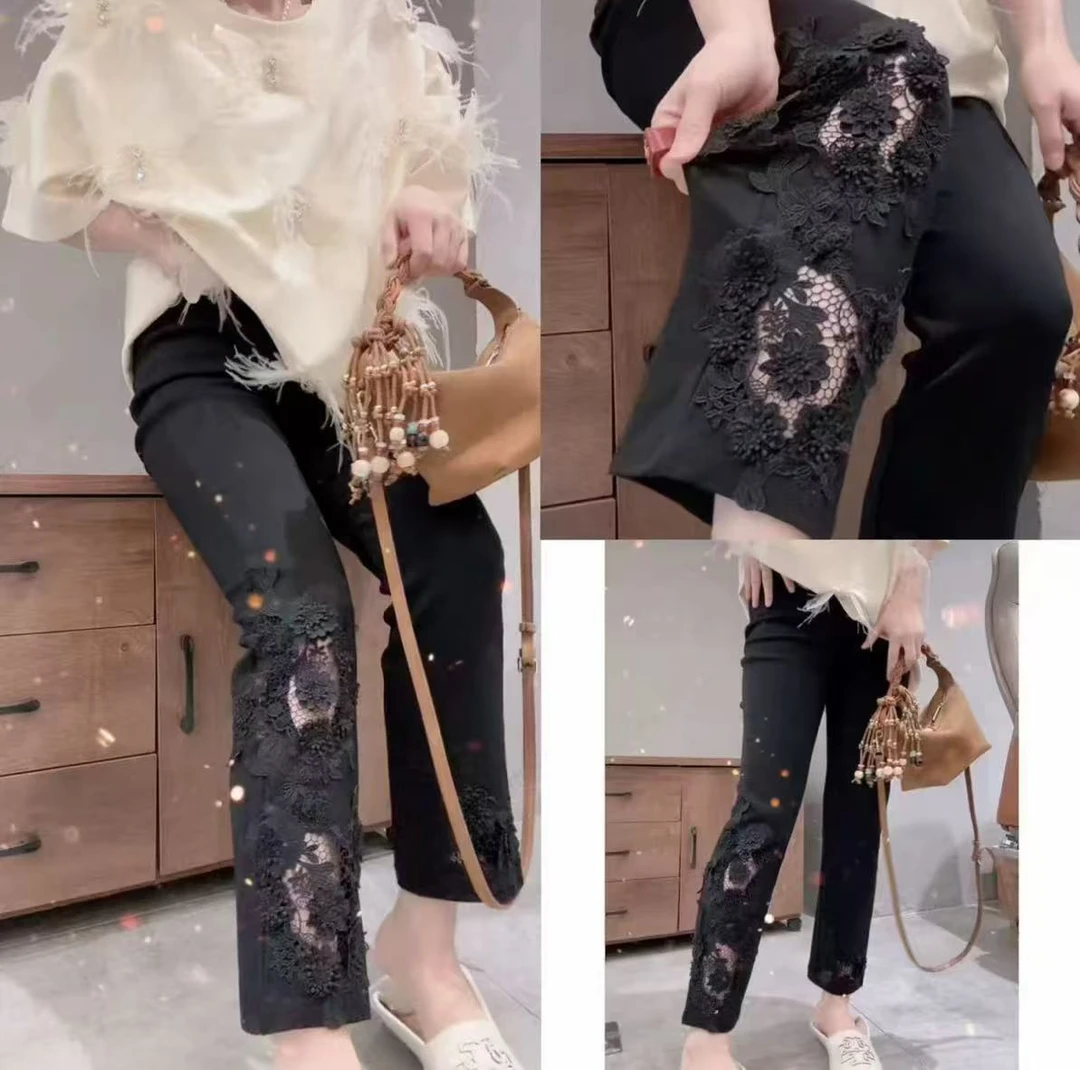 莹莹欧货【花朵蕾丝拼接烟管裤】女百搭显瘦修身弹力铅笔裤子9026
