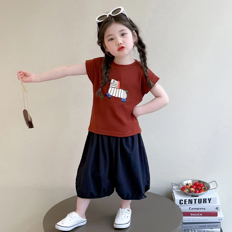 【NiKKO小熊】女童薄款洋气休闲小童短袖裤子小马七分裤套装儿童