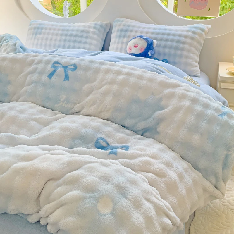 高奢海宁绒被套单件加厚加绒冬季-蝴蝶结蓝