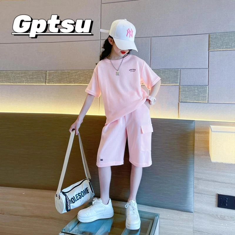 GPTSu女童夏季套装2025新款大童洋气时髦儿童女孩休闲运动装短袖