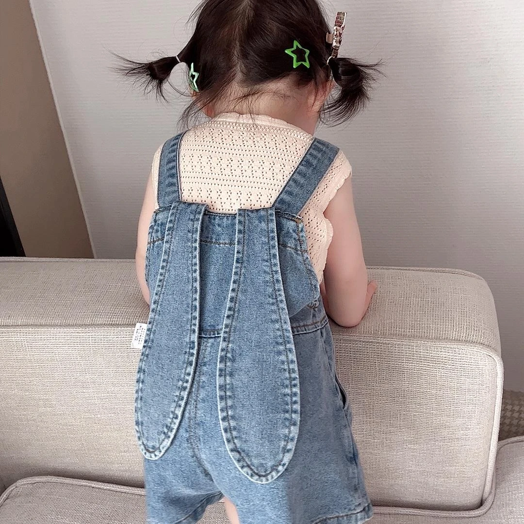 【牛仔蓝兔耳朵背带裤 小乐妈咪】婴儿童衣服牛仔服男宝宝秋季