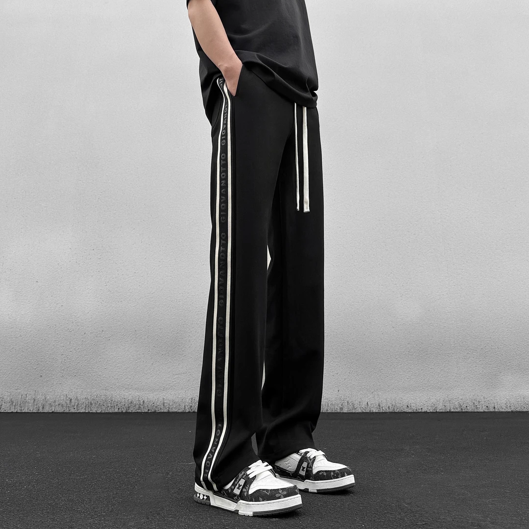 秋季潮流条纹凉感卫裤子男士款百搭大码男生直筒运动宽松休闲长裤