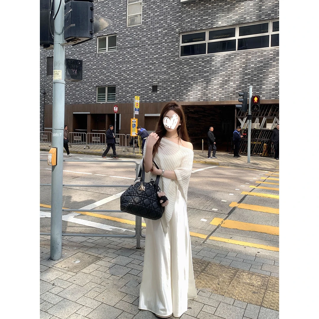 不规则气质斜肩针织防晒罩衫女夏季时尚套装缎面吊带连衣裙两件套