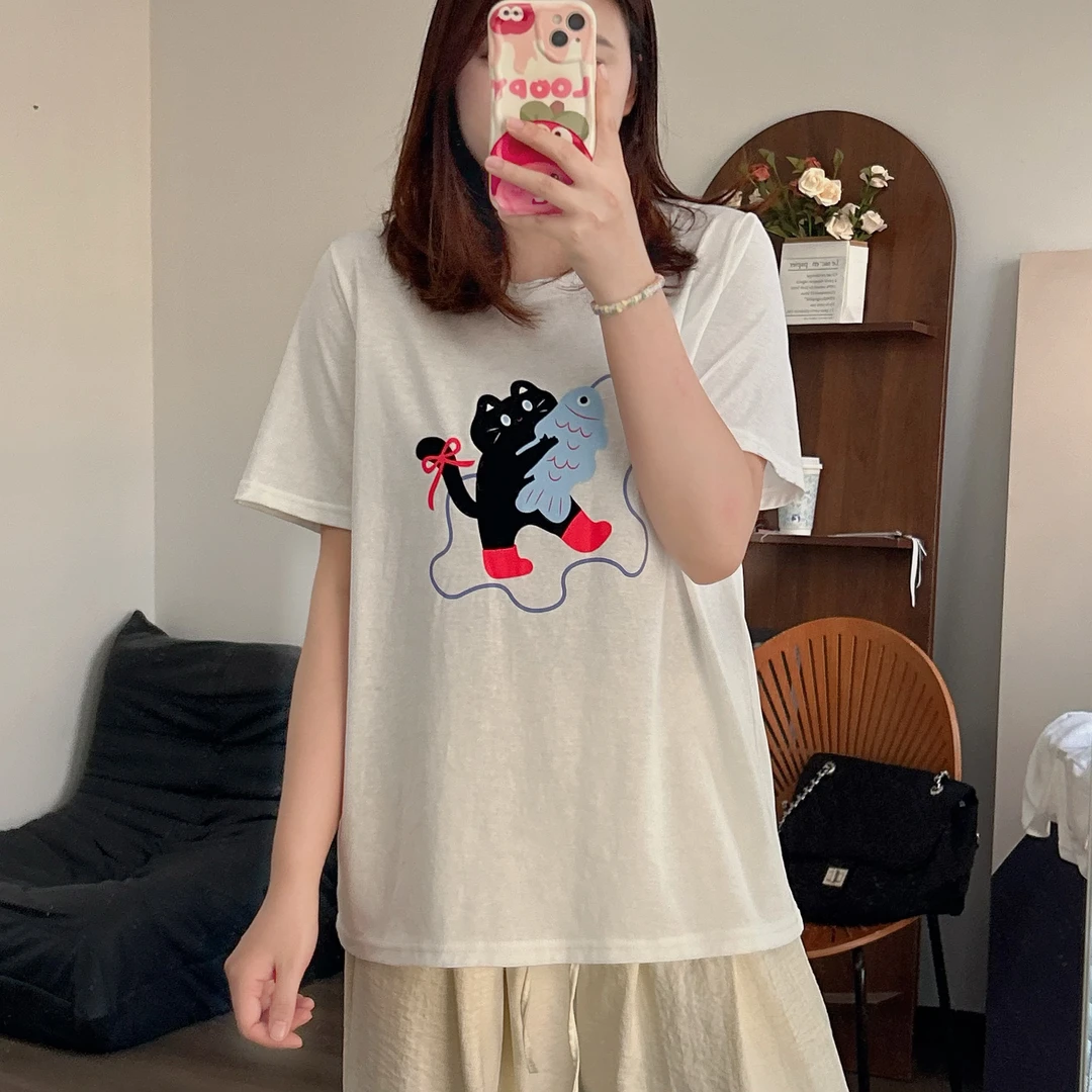 【咔咔】猫and鱼-圆领短袖植绒贴布绣刺绣T恤大码上衣K0323