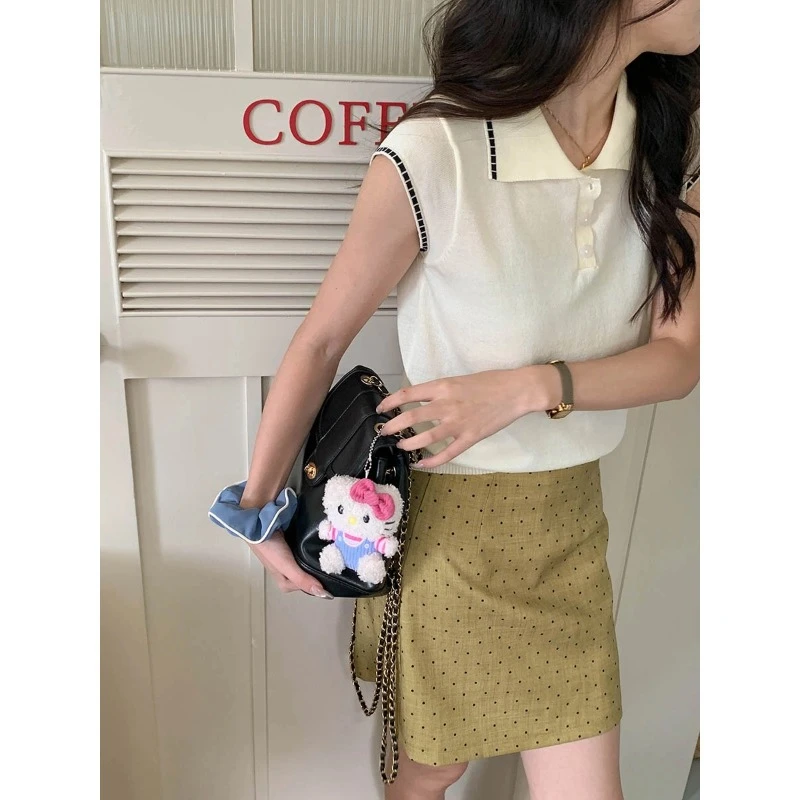 早秋新款天丝亚麻撞色POLO领针织短袖上衣百搭显瘦时尚夏季宽松女