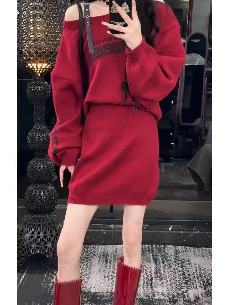 【漫老板】15803私服 定制韩系慵懒风单肩吊带针织套装